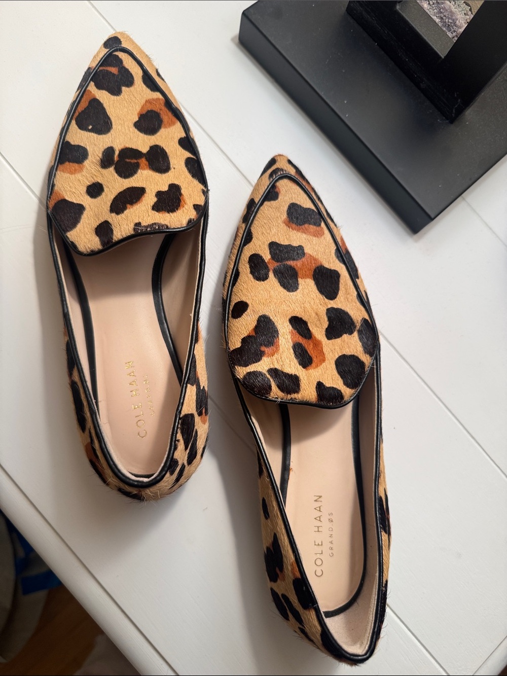 Cole Haan Leopard-Print Pointed Toe Flats in Tan and Black